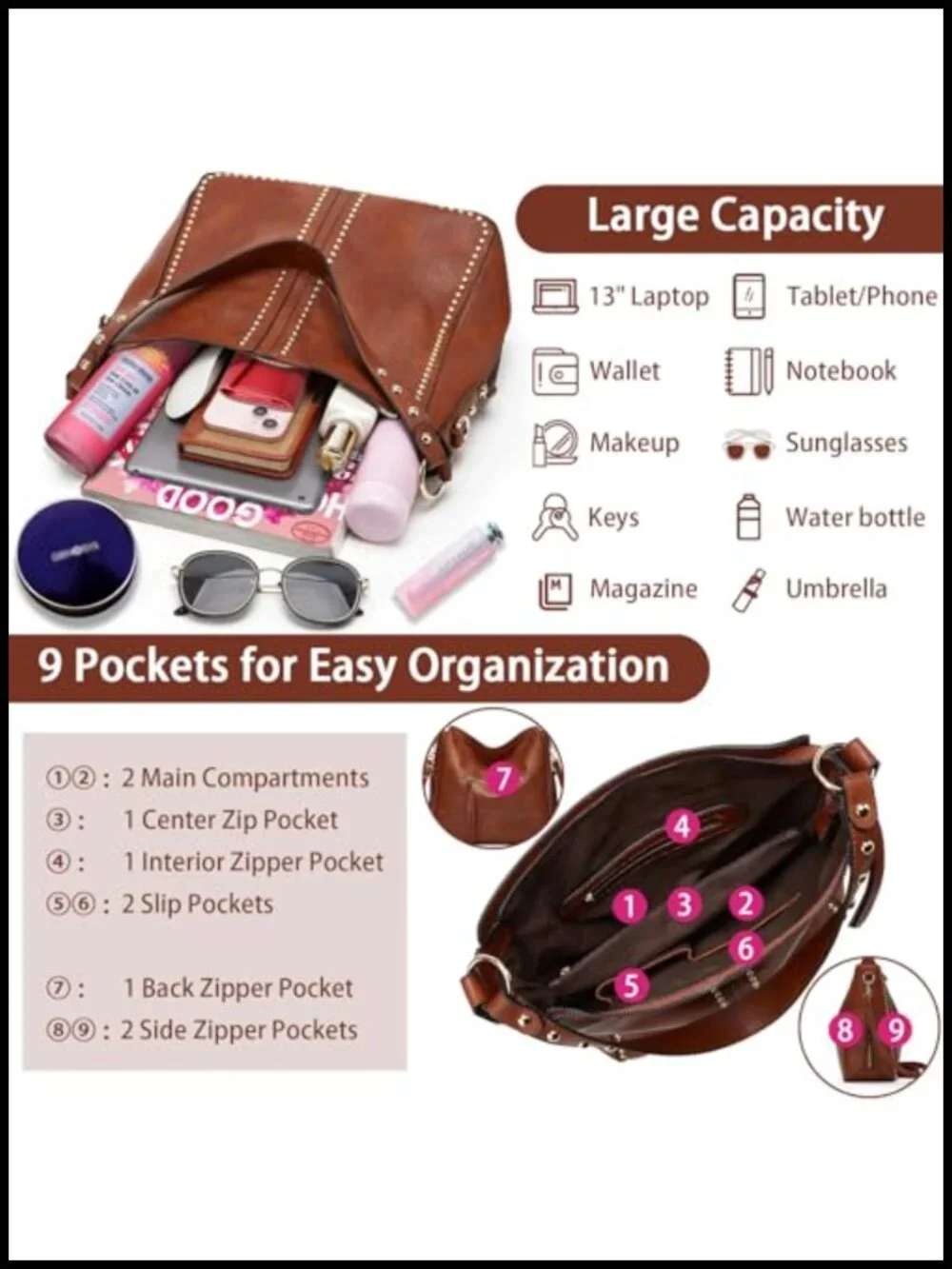 Hobo Studded Purse and Wallet Set for Women, Faux Leather Shoulder Bag